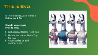 For her birthday, Eva wants a
Halter Neck Top
How do you choose
what to buy?
1. Get a list of Halter Neck Top
2. Match the Halter Neck Top
for Eva
3. Accessorize or add
another item
This is Eva
 