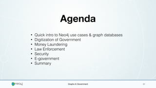 Graphs In Government 01
Agenda
• Quick intro to Neo4j use cases & graph databases
• Digitization of Government
• Money Laundering
• Law Enforcement
• Security
• E-government
• Summary
 