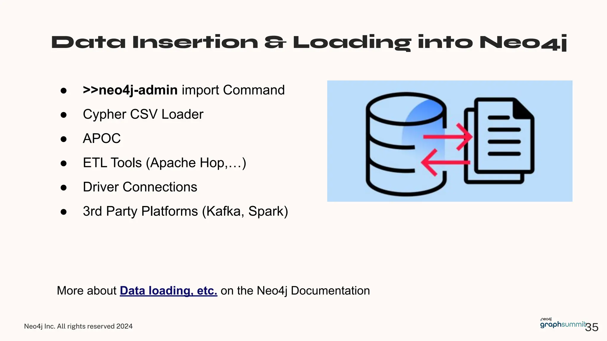 Neo4j Inc. All rights reserved 2024
Data Insertion & Loading into Neo4j
● >>neo4j-admin import Command
● Cypher CSV Loader
● APOC
● ETL Tools (Apache Hop,…)
● Driver Connections
● 3rd Party Platforms (Kafka, Spark)
More about Data loading, etc. on the Neo4j Documentation
35
 
