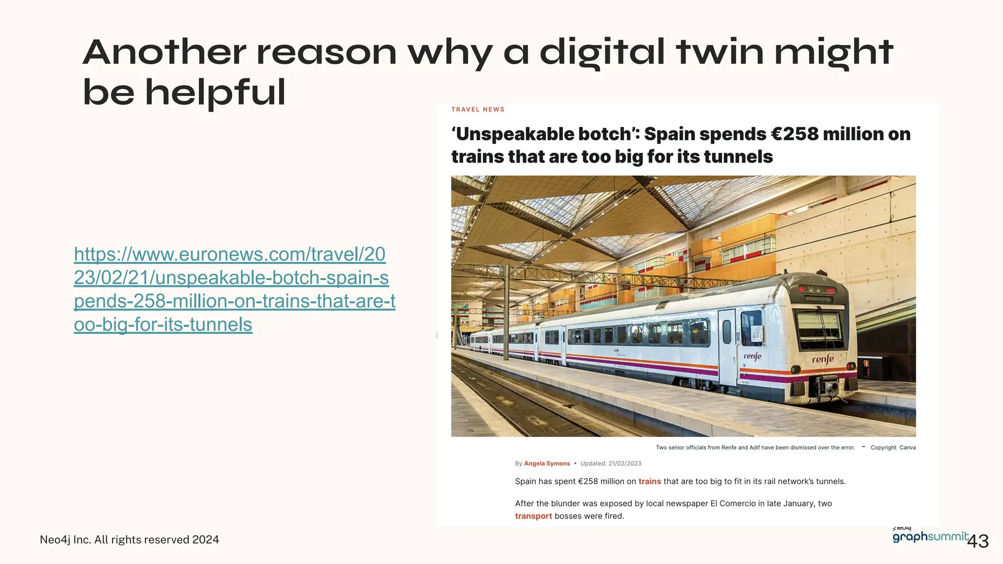 Neo4j Inc. All rights reserved 2024
Another reason why a digital twin might
be helpful
43
https://www.euronews.com/travel/20
23/02/21/unspeakable-botch-spain-s
pends-258-million-on-trains-that-are-t
oo-big-for-its-tunnels
 