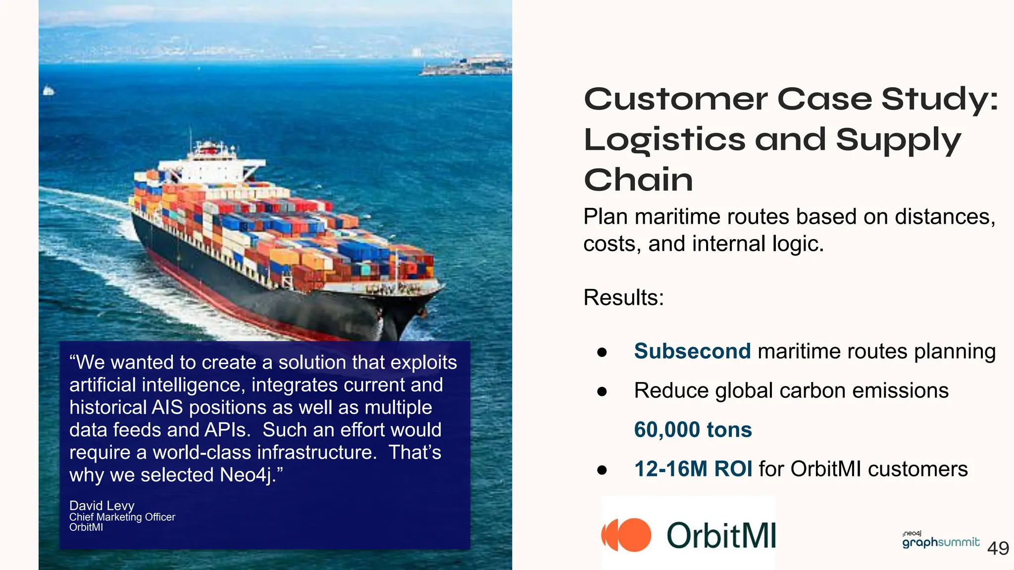 Neo4j Inc. All rights reserved 2024
49
Plan maritime routes based on distances,
costs, and internal logic.
Results:
● Subsecond maritime routes planning
● Reduce global carbon emissions
60,000 tons
● 12-16M ROI for OrbitMI customers
“We wanted to create a solution that exploits
artificial intelligence, integrates current and
historical AIS positions as well as multiple
data feeds and APIs. Such an effort would
require a world-class infrastructure. That’s
why we selected Neo4j.”
David Levy
Chief Marketing Officer
OrbitMI
Customer Case Study:
Logistics and Supply
Chain
 