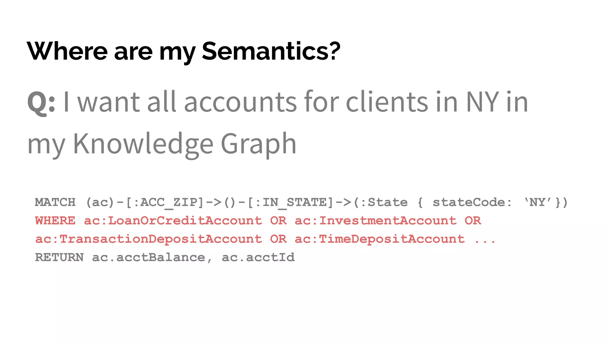 Where are my Semantics?
Q: I want all accounts for clients in NY in
my Knowledge Graph
MATCH (ac)-[:ACC_ZIP]->()-[:IN_STATE]->(:State { stateCode: ‘NY’})
WHERE ac:LoanOrCreditAccount OR ac:InvestmentAccount OR
ac:TransactionDepositAccount OR ac:TimeDepositAccount ...
RETURN ac.acctBalance, ac.acctId
 