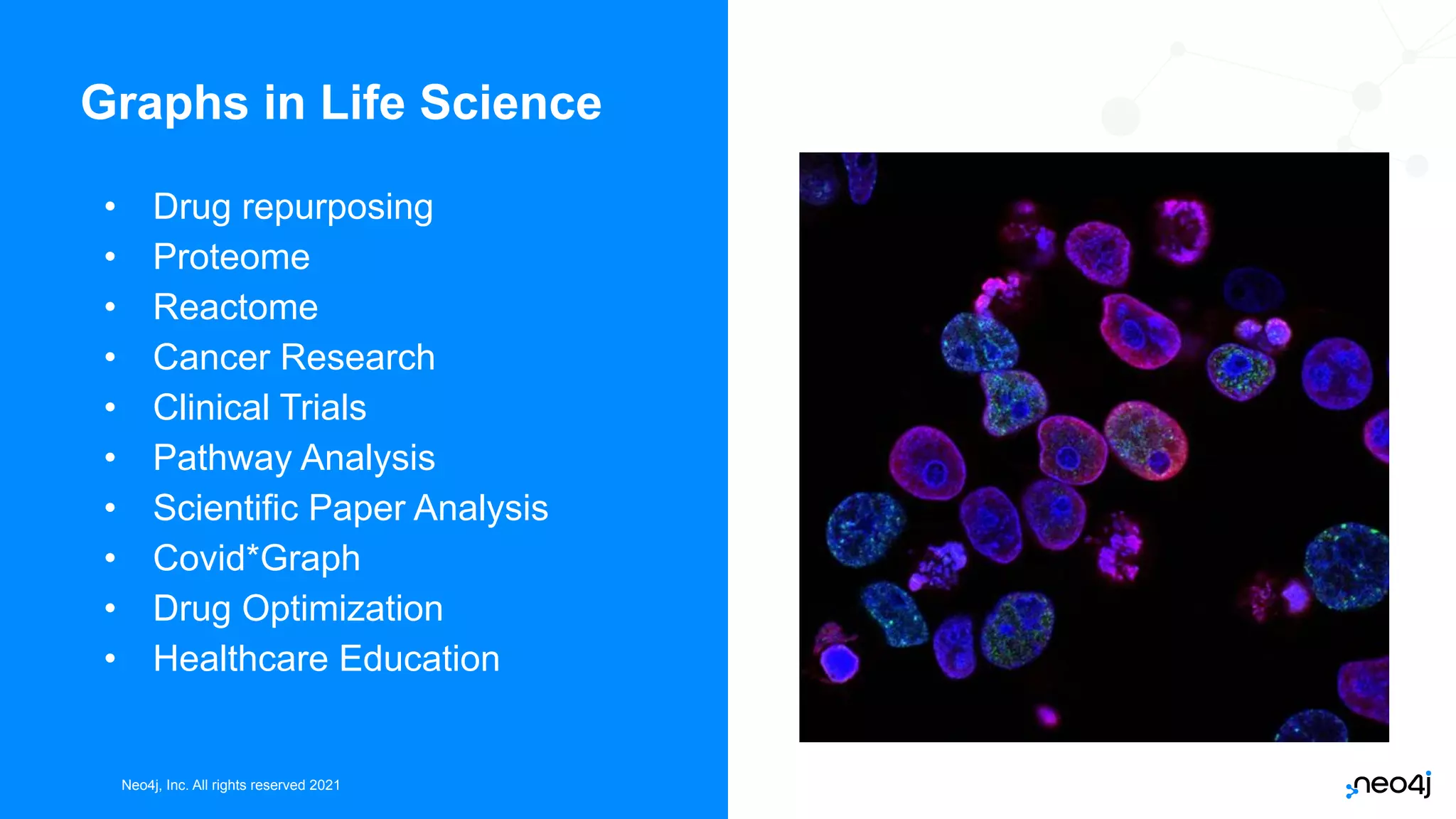 Neo4j, Inc. All rights reserved 2021
Neo4j, Inc. All rights reserved 2021
Graphs in Life Science
• Drug repurposing
• Proteome
• Reactome
• Cancer Research
• Clinical Trials
• Pathway Analysis
• Scientific Paper Analysis
• Covid*Graph
• Drug Optimization
• Healthcare Education
 