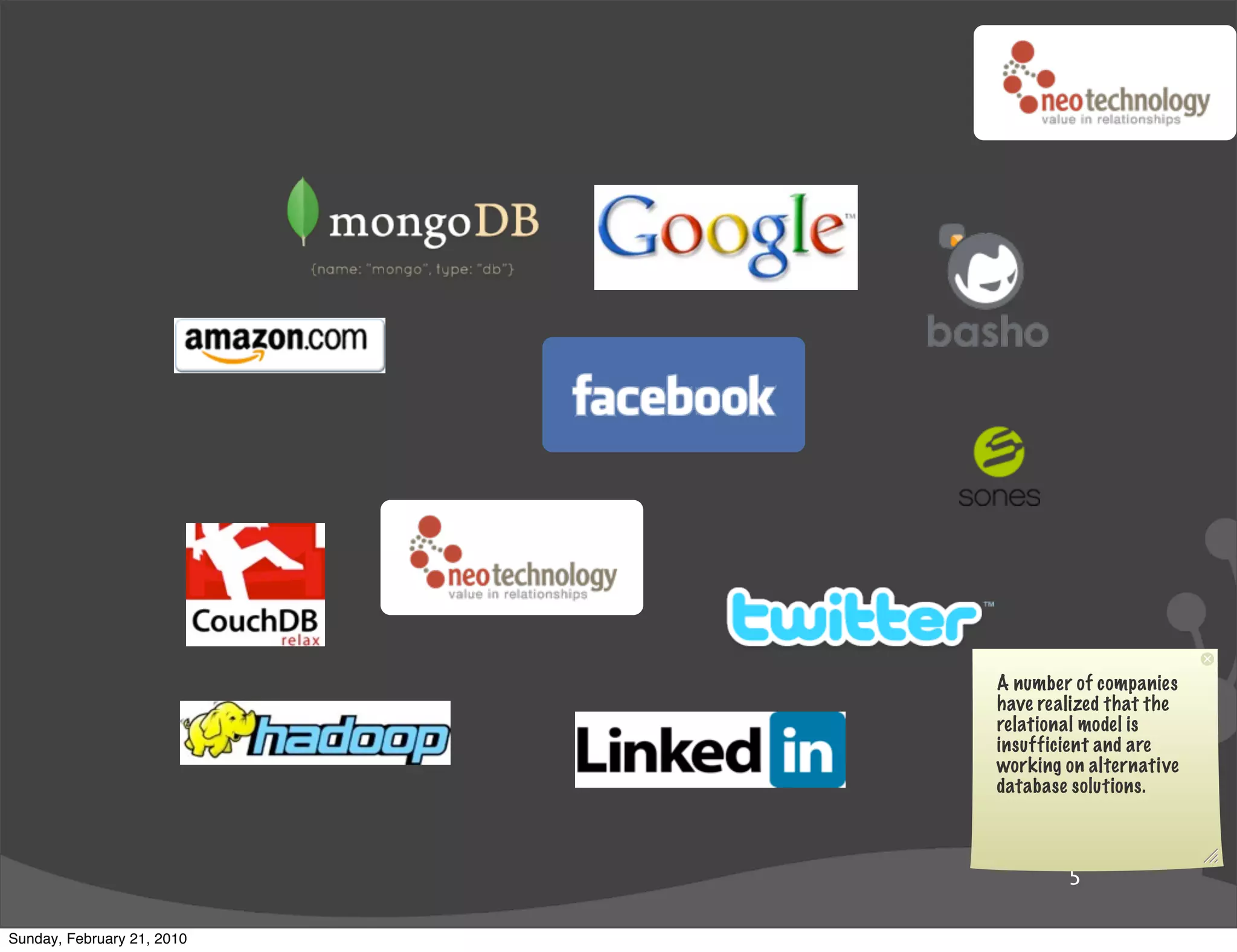 A number of companies
                            have realized that the
                            relational model is
                            insufficient and are
                            working on alternative
                            database solutions.



                                    5

Sunday, February 21, 2010
 