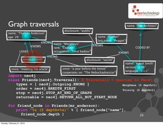 Graph traversals                                                                         name: “The Architect”
                                                  disclosure: “public”
       name: “Thomas Anderson”
       age: 29                                                            name: “Cypher”
                                                                          last name: “Reagan”
                               KNOWS name: “Morpheus”
                         KNOWS                                  KNOWS
                                     rank: “Captain”                                                  CODED BY
                   LOVES             occupation: “Total badass”                          KNOWS
                                         KNOWS
                       name: “Trinity”                            disclosure: “secret”
                                                                                            name: “Agent Smith”
                                                                                            version: “1.0b”
          since: “meeting the oracle”            since: “a year before the movie”
                                                                                            language: “C++”
                                                 cooperates on: “The Nebuchadnezzar”
       import neo4j
       class Friends(neo4j.Traversal): # Traversals ! queries in Neo4j
          types = [ neo4j.Outgoing.KNOWS ]               Morpheus (@ depth=1)
          order = neo4j.BREDTH_FIRST                     Trinity (@ depth=1)
          stop = neo4j.STOP_AT_END_OF_GRAPH
          returnable = neo4j.RETURN_ALL_BUT_START_NODE

       for friend_node in Friends(mr_anderson):
          print “%s (@ depth=%s)” % ( friend_node[“name”],
             friend_node.depth )                                                                         20

Sunday, February 21, 2010
 