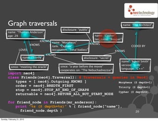 Graph traversals                                                                         name: “The Architect”
                                                  disclosure: “public”
       name: “Thomas Anderson”
       age: 29                                                            name: “Cypher”
                                                                          last name: “Reagan”
                               KNOWS name: “Morpheus”
                         KNOWS                                  KNOWS
                                     rank: “Captain”                                                  CODED BY
                   LOVES             occupation: “Total badass”                          KNOWS
                                         KNOWS
                       name: “Trinity”                            disclosure: “secret”
                                                                                            name: “Agent Smith”
                                                                                            version: “1.0b”
          since: “meeting the oracle”            since: “a year before the movie”
                                                                                            language: “C++”
                                                 cooperates on: “The Nebuchadnezzar”
       import neo4j
       class Friends(neo4j.Traversal): # Traversals ! queries in Neo4j
          types = [ neo4j.Outgoing.KNOWS ]               Morpheus (@ depth=1)
          order = neo4j.BREDTH_FIRST                     Trinity (@ depth=1)
          stop = neo4j.STOP_AT_END_OF_GRAPH
                                                         Cypher (@ depth=2)
          returnable = neo4j.RETURN_ALL_BUT_START_NODE

       for friend_node in Friends(mr_anderson):
          print “%s (@ depth=%s)” % ( friend_node[“name”],
             friend_node.depth )                                                                         20

Sunday, February 21, 2010
 