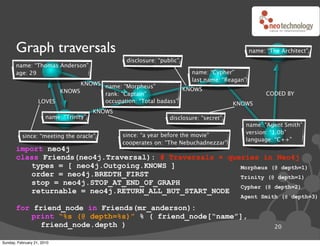 Graph traversals                                                                         name: “The Architect”
                                                  disclosure: “public”
       name: “Thomas Anderson”
       age: 29                                                            name: “Cypher”
                                                                          last name: “Reagan”
                               KNOWS name: “Morpheus”
                         KNOWS                                  KNOWS
                                     rank: “Captain”                                                  CODED BY
                   LOVES             occupation: “Total badass”                          KNOWS
                                         KNOWS
                       name: “Trinity”                            disclosure: “secret”
                                                                                            name: “Agent Smith”
                                                                                            version: “1.0b”
          since: “meeting the oracle”            since: “a year before the movie”
                                                                                            language: “C++”
                                                 cooperates on: “The Nebuchadnezzar”
       import neo4j
       class Friends(neo4j.Traversal): # Traversals ! queries in Neo4j
          types = [ neo4j.Outgoing.KNOWS ]               Morpheus (@ depth=1)
          order = neo4j.BREDTH_FIRST                     Trinity (@ depth=1)
          stop = neo4j.STOP_AT_END_OF_GRAPH
                                                         Cypher (@ depth=2)
          returnable = neo4j.RETURN_ALL_BUT_START_NODE
                                                                                           Agent Smith (@ depth=3)

       for friend_node in Friends(mr_anderson):
          print “%s (@ depth=%s)” % ( friend_node[“name”],
             friend_node.depth )                                                                         20

Sunday, February 21, 2010
 