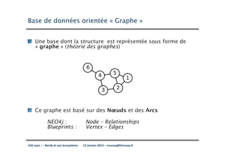 Base de données orientée « Graphe »


* Une base dont la structure est représentée sous forme de
  « graphe » (théorie des graphes)




     Ce graphe est basé sur des Nœuds et des Arcs

             NEO4j :                    Node – Relationships
             Blueprints :               Vertex – Edges


JUG Lyon : – Neo4j et son écosystème   15 Janvier 2013 – sroussy@hinnoya.fr
 