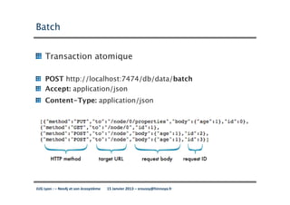 Batch


     Transaction atomique

     POST http://localhost:7474/db/data/batch
     Accept: application/json
     Content-Type: application/json




JUG Lyon : – Neo4j et son écosystème   15 Janvier 2013 – sroussy@hinnoya.fr
 