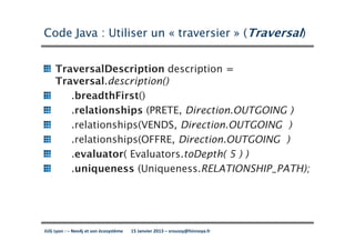 Code Java : Utiliser un « traversier » (Traversal)


     TraversalDescription description =
     Traversal.description()
        .breadthFirst()
        .relationships (PRETE, Direction.OUTGOING )
        .relationships(VENDS, Direction.OUTGOING )
        .relationships(OFFRE, Direction.OUTGOING )
        .evaluator( Evaluators.toDepth( 5 ) )
        .uniqueness (Uniqueness.RELATIONSHIP_PATH);




JUG Lyon : – Neo4j et son écosystème   15 Janvier 2013 – sroussy@hinnoya.fr
 