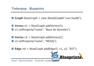 Tinkerpop : Blueprints


     Graph blueGraph = new Neo4jGraph("/var/mydb");

     Vertex v1 = blueGraph.addVertex(1);
     v1.setProperty("name", "Base de données");

     Vertex v2 = blueGraph.addVertex(2);
     v2.setProperty("name", "NEO4j");

     Edge rel = blueGraph.addEdge(3, v1, v2, "EST");



JUG Lyon : – Neo4j et son écosystème   15 Janvier 2013 – sroussy@hinnoya.fr
 
