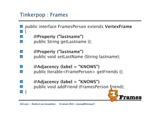 Tinkerpop : Frames

     public interface FramesPerson extends VertexFrame
     {
         @Property ("lastname")
         public String getLastname ();

             @Property ("lastname")
             public void setLastName (String lastname);

             @Adjacency (label = "KNOWS")
             public Iterable<FramePerson> getFriends ();

             @Adjacency (label = "KNOWS")
             public void addFriend (FramesPerson friend);
     }

JUG Lyon : – Neo4j et son écosystème   15 Janvier 2013 – sroussy@hinnoya.fr
 