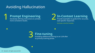 Avoiding Hallucination
Prompt Engineering
Iteratively refining instructions to achieve
more consistent results.
1
.
In-Context Learning
Provide examples to guide AI for accurate,
task-specific responses.
Also known as Few-Shot Prompting
2
.
Fine-tuning
Providing additional training to an LLM after
its primary training phase.
3
.
29 Neo4j Inc. All rights reserved 2025
 