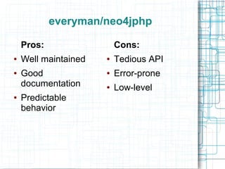 everyman/neo4jphp

    Pros:                 Cons:
●   Well maintained   ●   Tedious API
●   Good              ●   Error-prone
    documentation     ●   Low-level
●   Predictable
    behavior
 