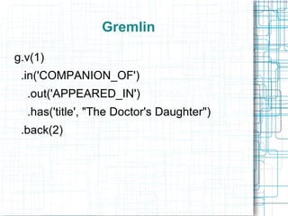 Gremlin

g.v(1)
 .in('COMPANION_OF')
  .out('APPEARED_IN')
  .has('title', "The Doctor's Daughter")
 .back(2)
 