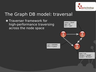 The Graph DB model: traversal
 Traverser framework for                    name = “Emil”
 high-performance traversing      ...
