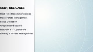 NEO4j USE CASES
Real Time Recommendations
Master Data Management
Fraud Detection
Graph Based Search
Network & IT-Operations
Identity & Access Management
 