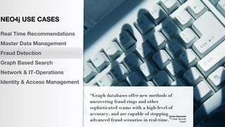 “Graph databases offer new methods of
uncovering fraud rings and other
sophisticated scams with a high-level of
accuracy, and are capable of stopping
advanced fraud scenarios in real-time.”
Gorka Sadowski
Cyber Security
Expert
NEO4j USE CASES
Real Time Recommendations
Master Data Management
Fraud Detection
Graph Based Search
Network & IT-Operations
Identity & Access Management
 