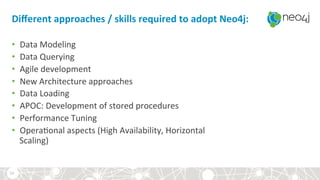 Diﬀerent	approaches	/	skills	required	to	adopt	Neo4j:	
•  Data	Modeling	
•  Data	Querying	
•  Agile	development	
•  New	Architecture	approaches	
•  Data	Loading		
•  APOC:	Development	of	stored	procedures	
•  Performance	Tuning	
•  Opera?onal	aspects	(High	Availability,	Horizontal	
Scaling)	
10	
 