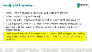 •  Neo4j	leading	smaller	to	medium	sized	customer	projects	
•  Prime	responsibility	with	Neo4j	
•  Neo4j	provides	(graph)	database	exper?se	and	Project	Management	
•  Engaging	Neo4j	Solu?on	partner	network	where	needed	and	possible	
•  Working	with	Partner/SI	and/or	customer	embedded	in	the	broader	
project	team	
•  Goal:	overall	responsibility	with	Neo4j.	Success	of	the	project	ensured	by	
using	the	exper?se	of	Neo4j	Senior	Consultants	for	the	cri?cal	DB	core	
services	
	
Neo4j	led	Prime	Projects	
30	
 