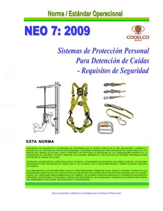 1
NEO 7: 2009SISTEMAS DE PROTECCIÓN PERSONAL PARA DETENCIÓN DE CAÍDAS - REQUISITOS DE SEGURIDAD
ESPECIFICA LOS REQUISITOS Y ESTANDARES DE SEGURIDAD QUE SE DEBEN CUMPLIR EN EL USO OBLIGATORIO, CORRECTO Y
SEGURO DE LOS SISTEMAS DE PROTECCION PERSONAL O SISTEMAS PERSONALES PARA DETENCION DE CAIDAS (SPDC) EN LOS
NIVELES DE TRABAJO EN ALTURA, CON EL PROPOSITO DE PROTEGER LA SEGURIDAD DE LOS TRABAJADORES RESPECTO A LA
PREVENCION DE LESIONES Y EVITAR O REDUCIR LAS LESIONES, MEDIANTE EL USO EFECTIVO DE SISTEMAS PERSONALES PARA
DETENCIÓN DE CAIDAS EN ALTURA.
ESTABLECE LOS REQUISITOS, ESPECIFICACIONES TECNICAS Y ESTANDARES DE SEGURIDAD QUE DEBEN CUMPLIR LOS SISTEMAS
PERSONALES PARA DETENCION DE CAIDAS (SPDC), DE ACUERDO CON LA REGLAMENTACION Y NORMA TECNICAS VIGENTES
APLICABLES.
DA CUMPLIMIENTO A LAS DISPOSICIONES LEGALES Y REGLAMENTARIAS, NORMATIVA LEGAL VIGENTE Y NORMAS TECNICAS DE LOS
ORGANISMOS COMPETENTES, EN LO RELATIVO AL USO OBLIGATORIO DE ELEMENTOS DE PROTECCION PERSONAL EN LOS LUGARES,
DONDE LAS CONDICIONES MEDIO AMBIENTALES DE TRABAJO, DE ACUERDO A RIESGOS RESIDUALES O INHERENTES ASOCIADOS A
PROCESOS, OPERACIONES, ACTIVIDADES Y TAREAS QUE REQUIEREN EL USO DE EQUIPOS Y ELEMENTOS DE PROTECCION PERSO-
NAL DEBIDAMENTE EVALUADOS, SELECCIONADOS Y CONTROLADOS.
ESTA NORMA
NEO 7: 2009NEO 7: 2009
Sistemas de Protección Personal
Para Detención de Caídas
- Requisitos de Seguridad
Norma preparada y editada por la Subgerencia de Riesgos Profesionales
Norma / Estándar OperacionalNorma / Estándar OperacionalNorma / Estándar OperacionalNorma / Estándar Operacional
 
