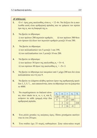 5.2 Αριθμητική πρόοδος	

131

Β' ΟΜΑΔΑΣ
1. 	Ο
όρος μιας ακολουθίας είναι αν = 12−4ν. Να δείξετε ότι η ακολουθία αυτή είναι αριθμητική πρόοδος και να γράψετε τον πρώτο
όρο της α1 και τη διαφορά της ω.
2. 	Να βρείτε το άθροισμα:
	i) των πρώτων 200 περιττών αριθμών,
ii) των πρώτων 300 θετικών άρτιων iii) όλων των περιττών αριθμών μεταξύ 16 και 380.
3. 	 Να βρείτε το άθροισμα:
	i) των πολλαπλασίων του 5 μεταξύ 1 και 199,
	ii) των πολλαπλασίων του 3 μεταξύ 10 και 200.
4. 	Να βρείτε το άθροισμα:
	i) των πρώτων 30 όρων της ακολουθίας αν = 5ν−4,
	ii) των πρώτων 40 όρων της ακολουθίας αν = −5ν−3.
5. 	Να βρείτε το άθροισμα των ακεραίων από 1 μέχρι 200 που δεν είναι
πολλαπλάσια του 4 ή του 9.
6. 	Να βρείτε το ελάχιστο πλήθος πρώτων όρων της αριθμητικής προόδου 1, 3, 5, 7,... που απαιτούνται, ώστε το άθροισμα του να ξεπερνάει
το 4000.
7. 	 Να συμπληρώσετε το διπλανό πίνακα, στον οποίο τα α1 ω, ν, αν και Sν
ανήκουν σε κάθε γραμμή στην ίδια
αριθμητική πρόοδο.

α1
ω
ν
αν
Sν
120 −10 12
5
27 109
3 12
210
2 16 −8

8. 	 Ένα ρολόι χτυπάει τις ακέραιες ώρες. Πόσα χτυπήματα ακούγονται σε ένα 24/ωρο;
9. 	 Ένα στάδιο έχει 33 σειρές καθισμάτων. Στην κάτω-κάτω σειρά

 