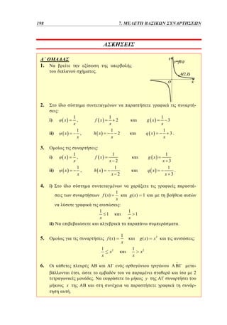 198	
150

5. 7. ΜΕΛΕΤΗ ΒΑΣΙΚΩΝ ΣΥΝΑΡΤΗΣΕΩΝ

1.

.

2.

-

:
i)
ii)

1
,
x
1
,
x

x
x

h x

3.

g x

q x

1
3
x
1
3.
x

:
i)

1
,
x
1
,
x

x

ii)

4.

1
2
x
1
2
x

f x

x

1

f x

g x

x 2
1
x 2

h x

q x

1
x 3
1
.
x 3

i)

f ( x)
1
x

ii)

1
x

g ( x)

1

:
1
x

1

1
.

5.

f ( x)

1
x

x2

1
x

g ( x)
1
x

x2

:

x2

6.

,
x

.

.

y

2
-

 