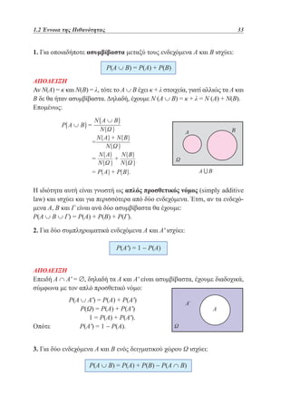 1.2 Έννοια της Πιθανότητας	

33

1. Για οποιαδήποτε ασυμβίβαστα μεταξύ τους ενδεχόμενα Α και Β ισχύει:
Ρ(Α ∪ Β) = Ρ(Α) + Ρ(Β)
ΑΠΟΔΕΙΞΗ
Αν Ν(Α) = κ και Ν(Β) = λ, τότε το Α ∪ Β έχει κ + λ στοιχεία, γιατί αλλιώς τα Α και
Β δε θα ήταν ασυμβίβαστα. Δηλαδή, έχουμε Ν (Α ∪ Β) = κ + λ = Ν (Α) + Ν(Β).
Επομένως:

Η ιδιότητα αυτή είναι γνωστή ως απλός προσθετικός νόμος (simply additive
law) και ισχύει και για περισσότερα από δύο ενδεχόμενα. Έτσι, αν τα ενδεχόμενα Α, Β και Γ είναι ανά δύο ασυμβίβαστα θα έχουμε:
Ρ(Α ∪ Β ∪ Γ) = Ρ(Α) + Ρ(Β) + Ρ(Γ).
2. Για δύο συμπληρωματικά ενδεχόμενα Α και Α' ισχύει:
Ρ(Α') = 1 − Ρ(Α)
ΑΠΟΔΕΙΞΗ
Επειδή Α ∩ Α' = ∅, δηλαδή τα Α και Α' είναι ασυμβίβαστα, έχουμε διαδοχικά,
σύμφωνα με τον απλό προσθετικό νόμο:

	
	
	
Οπότε	

Ρ(Α ∪ Α') = Ρ(Α) + Ρ(Α')
Ρ(Ω) = Ρ(Α) + Ρ(Α')
1 = Ρ(Α) + Ρ(Α').
Ρ(Α') = 1 − Ρ(Α).

3. Για δύο ενδεχόμενα Α και Β ενός δειγματικού χώρου Ω ισχύει:
Ρ(Α ∪ Β) = Ρ(Α) + Ρ(Β) − Ρ(Α ∩ Β)

 