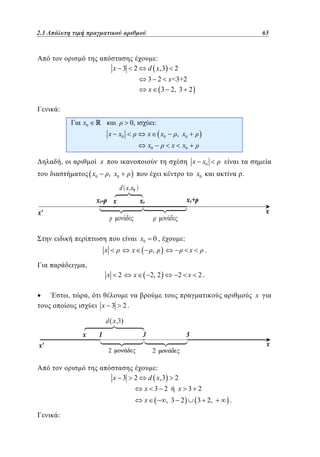 2.3 Απόλυτη τιμή πραγματικού αριθμού	
1.3

x 3

65
41

:
d x,3

2

2

3 2 x 3+2
x 3 2, 3 2
:
x0

0,

:

x x0

x

x0

, x0

x0

x

x0
x x0

x

,

x0

, x0

x0

x0

0,

:

x

,

x

x

x

.

2, 2

2 x 2.

.

,

x
,

2

x

,

x 3

2.

x 3

:
d x,3

2

2

x 3 2
x
:

x 3 2

, 3 2

3 2,

.

 