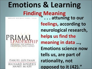 Emotions & Learning
Finding Meaning

“ . . . attuning to our
feelings, according to
neurological research,
helps us find the
meaning in data …,
Emotions science now
tells us, are part of
rationality, not
opposed to it (42).”

 