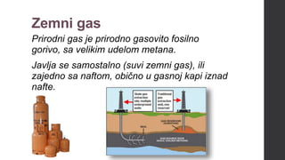 Zemni gas
Prirodni gas je prirodno gasovito fosilno
gorivo, sa velikim udelom metana.
Javlja se samostalno (suvi zemni gas), ili
zajedno sa naftom, obično u gasnoj kapi iznad
nafte.
 
