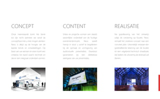 concept                                 CONTENT                                  REALISATIE
Onze meerwaarde komt het beste          Video en projectie vormen een steeds     Na goedkeuring van het ontwerp
tot zijn recht wanneer we vanaf de      wezenlijker onderdeel van de huidige     volgt de uitvoering op locatie. Neoc
conceptfase met u mee mogen denken.     evenementenmarkt.     Neoc      speelt   vertaalt het creatieve concept naar een
Neoc is altijd op de hoogte van de      hierop in door u actief te begeleiden    concreet plan. Uiteindelijk ontstaat een
laatste trends en ontwikkelingen. Op    bij de opmaak en vormgeving van          gedetailleerde tekening van de locatie
basis van uw wensen en eisen komt een   audiovisuele presentaties. Daardoor      en een uitgebreid technisch draaiboek
ontwerp tot stand waarin techniek en    garanderen    wij   een    vlekkeloze    dat tijdens de uitvoering als leidraad zal
decor een integraal onderdeel vormen.   weergave van uw presentaties.            dienen.
 