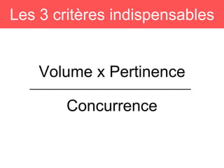 Les 3 critères indispensables
Concurrence
Volume x Pertinence
 