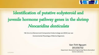 Identification of putative ecdysteroid and 
juvenile hormone pathway genes in the shrimp 
Neocaridina denticulata 
Y.W. Sin et al./General and Comparative Endocrinology xxx (2014) xxx–xxx 
Environmental Physiology of Marine Organisms 
Van-Tinh Nguyen 
201356732 
Department: Biomedical Engineering/ Marine Biomedical 
Science Laboratory. 
11/25/2014 1 
 