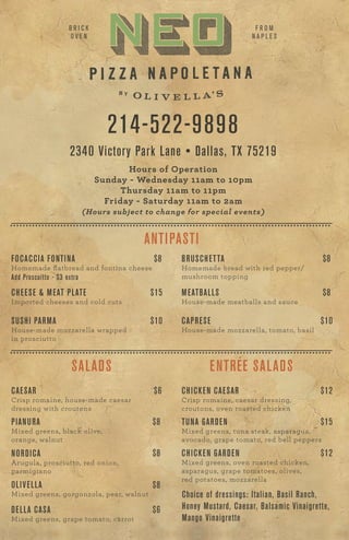 Neo Pizza Carry-out Menu