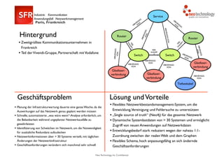 Neo Technology, Inc Confidential
 Industrie: Kommunikation 
Anwendungsfall: Netzwerkmanagement
Hintergrund
• Zweitgrößtes Kommunikationsunternehmen in
Frankreich
• Teil derVivendi-Gruppe, Partnerschaft mitVodafone
Geschäftsproblem
• Planung der Infrastrukturwartung dauerte eine ganze Woche, da die
Auswirkungen auf das Netzwerk genau geplant werden müssen
• Schnelle, automatisierte „was wäre wenn“-Analyse erforderlich, um
die Belastbarkeit während ungeplanter Netzwerkausfälle zu
gewährleisten
• Identifizierung von Schwächen im Netzwerk, um die Notwendigkeit
für zusätzliche Redundanz aufzudecken
• Netzwerkinformationen über > 30 Systeme verteilt, mit täglichen
Änderungen der Netzwerkinfrastruktur
• Geschäftsanforderungen verändern sich manchmal sehr schnell
Lösung undVorteile
• Flexibles Netzwerkbestandsmanagement-System, um die
Entwicklung,Vereinigung und Fehlersuche zu unterstützen
• „Single source of truth“ (Neo4j) für das gesamte Netzwerk
• Dynamische Systemlastdaten von > 30 Systemen und ermöglicht
Zugriff von neuen Anwendungen auf Netzwerkdaten
• Entwicklungsbedarf stark reduziert wegen der nahezu 1:1-
Zuordnung zwischen der realen Welt und dem Graphen
• Flexibles Schema, hoch anpassungsfähig an sich ändernde
Geschäftsanforderungen
Router
Service
ABHÄNGIG
VO
N
Switch Switch
Router
Glasfaser-
verbindung Glasfaser-
verbindung
Glasfaser-
verbindung
Tiefseekabel
ABHÄNGIGVON
ABHÄNGIGVON
ABHÄN
GIG
VO
N
ABHÄNGIG
VON
ABHÄNGIGVON
ABHÄNGIG
VON
ABHÄNGIG
VON
ABHÄNGIG
VON
ABHÄNGIG
VON
VER-
KNÜPFT
VER-
KNÜPF
T
VER-
KN
Ü
PFT
ABHÄNGIG
VON
Paris, Frankreich
 