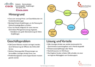 Neo Technology, Inc Confidential
Industrie: Kommunikation 
Anwendungsfall: Empfehlungen
• Cisco.com versorgt Privat- und Geschäftskunden mit
Kundendienstleistungen
• Benötigt Echtzeit-Empfehlungen, um die Nutzung der
Online-Knowledge-Base zu fördern
• Cisco hat Neo4j erfolgreich für seine internen
Stammdaten-Management-Lösung eingesetzt.
• Identifiziert eine große Übereinstimmung für Online-
Empfehlungen
Lösung undVorteile
• Fälle, Lösungen,Artikel, usw. werden kontinuierlich für
Querverweise zusammengefasst und in Neo4j dargestellt
• Echtzeit-Leseempfehlungen über Neo4j
• Neo4j Enterprise mit HA-Cluster
• Das Ergebnis: Kunden erhalten Hilfe schneller, mit einer
verringerten Abhängigkeit vom Kundensupport
Hintergrund
Geschäftsproblem
• Call-Center-Volumen mussten verringert werden,
durchVerbesserung der Effizienz des Online-Self-
Service
• Stärkere Nutzung großer Wissensmengen aus
Servicefällen, Lösungen,Artikel, Foren, usw.
• Problemlösungszeiten sowie Supportkosten mussten
gesenkt werden
Supportfall
Supportfall
Knowledge-
Base-
Artikel
Lösung
Knowledge-
Base-
Artikel
Knowledge-
Base-
Artikel
Nachricht
San Jose, CA
Cisco.com
 