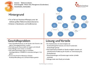 Neo Technology, Inc Confidential
Hintergrund
Geschäftsproblem Lösung undVorteile
• Tre ist Teil von Hutchison Whampoa, einer der
weltweit größten Telekommunikationskonzerne
• Arbeitet in Skandinavien und Großbritannien
• Ein Neo4j-Cluster, mit einem Graphen der
Kundenzahlungsinformationen, wird durch kundennahe
Anwendungen genutzt
• Das Graph-basierte Modell von Neo4j ermöglicht zeitnahe und
aufschlussreiche Profilierung der Kunden zur Unterstützung des
Kundendienstes
• Neue Anwendungen und Erweiterungen werden schneller
entwickelt
• Abfragen laufen dank Neo4j viel schneller
Industrie: Telekommunikation
Anwendungsfall: Master Data Management (Kundendaten)
Stockholm, Schweden
• Neue Geschäftserfordernis, um den Kunden mehr Einsicht in die
eigenen Nutzungsgewohnheiten zu geben
• Die Änderung des Datenmodells war langsam und mühevoll
• Neue Abfragen waren schwer zu schreiben
• Sehr große Datenmengen haben zu ernsthaften
Leistungsproblemen in RDBMS für verbundene Anfragen (> L2)
geführt
• Tre hat einenVorteil im Wechsel zur Echtzeit-
Kundenprofilerstellung und zu Echtzeit-Analysen gesehen
 