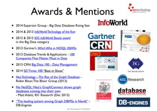 Neo Technology, Inc Conﬁdential
Awards & Mentions
• 2014 Experton Group - Big Data Database Rising Star
• 2014 & 2013 InfoWorldTechnology of theYear
• 2013 & 2013 IDG InfoWorld Bossie award 
in the Big Data category
• 2013 Gartner’s Who’sWho in NOSQL DBMSs
• 2013 Database Trends & Applications - 100
Companies That Matter Most in Data
• 2013 CRN Big Data 100 - Data Management
• 2014 SD Times 100 “Best in Show”
• NeoTechnology –The Rise of the Graph Database -
Robin Bloor,The Bloor Group (2013)
• No NoSQL: Neo's GraphConnect shows graph
databases coming into their own  
- Matt Aslett, 451 Research (Dec 2013)
• “The leading system among Graph DBMSs is Neo4j” -
DB-Engines
 