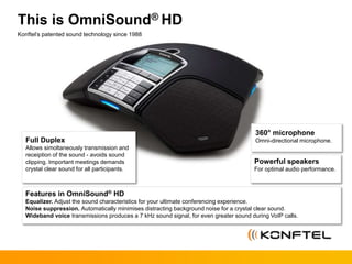 This is OmniSound® HD
Konftel’s patented sound technology since 1988
Features in OmniSound® HD
Equalizer. Adjust the sound characteristics for your ultimate conferencing experience.
Noise suppression. Automatically minimises distracting background noise for a crystal clear sound.
Wideband voice transmissions produces a 7 kHz sound signal, for even greater sound during VoIP calls.
Full Duplex
Allows simoltaneously transmission and
receiption of the sound - avoids sound
clipping. Important meetings demands
crystal clear sound for all participants.
360° microphone
Omni-directional microphone.
Powerful speakers
For optimal audio performance.
 
