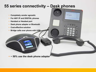 55 series connectivity – Desk phones
 Completely vendor agnostic
 For ANY IP and DIGITAL phones
 Handset or Headset port
 Desk phone adapter or Bluetooth
 Cost-effective solution
 Bridge calls over phone with USB
 ~ 50% use the desk phone adapter
 