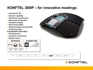 KONFTEL 300IP – for innovative meetings
SIP
 OmniSound® HD
 Recorder capability
 PoE (Power over Ethernet)
 Web-based configuration
 Integrated bridging
 Phone book (LDAP)
 Wireless headset connection/PA
 Conference guide
ACCESSORIES AVAILABLE:
 PA interface box
 Expansion microphones
 Remote control
SITUATION CONNECTION
TOOL:
Konftel Zero
Touch Installation
300M300Wx300IP30025055W55 <<220
< 12 PER-
SONS
< 20 PER-
SONS
> 20 PER-
SONS
 