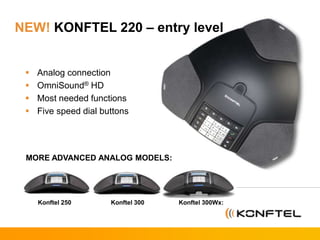  Analog connection
 OmniSound® HD
 Most needed functions
 Five speed dial buttons
MORE ADVANCED ANALOG MODELS:
Konftel 250 Konftel 300 Konftel 300Wx:
NEW! KONFTEL 220 – entry level
 