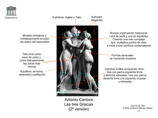 Claseshistoria 
Historia del Arte 
© 2006 Guillermo Méndez Zapata 
Eufrósine, Aglaia y Talia 
Antonio Canova 
Las tres Gracias 
(2ª versión) 
Rompe organización tradicional 
( dos de perfil y una de espaldas) 
Creando una más compleja 
que multiplica puntos de vista 
e invita a una continua contemplación 
Actitudes 
elegantes 
Tela sirve como 
nexo de unión y 
cubre delicadamente 
las zonas más 
íntimas 
Formas sensuales 
de contenido erotismo 
Miradas cómplices y 
entrelazamiento sinuoso 
las aíslan del espectador 
Cambios sutiles enriquecen ritmo: 
Dos con pierna izquierda firme 
y derecha retrasada. Una con pierna 
derecha firme y la izquierda cruzada 
y retrasada 
Equilibrio, armonía, 
serenidad y perfección 
 