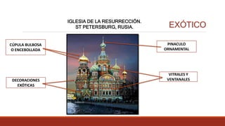 CÚPULA BULBOSA
O ENCEBOLLADA
EXÓTICO
IGLESIA DE LA RESURRECCIÓN.
ST PETERSBURG, RUSIA.
PINACULO
ORNAMENTAL
DECORACIONES
EXÓTICAS
VITRALES Y
VENTANALES
 