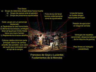Francisco de Goya y Lucientes
Fusilamientos de la Moncloa
Verdugos de espaldas
(anonimato, despersonalizació
de la máquina de guerra)
Pelotón de ejecución
en diagonal cerrada
Pies firmes en triángulo
(estabilidad)
Foco de luz de fanal
ilumina violentamente
zona de ajusticiados
Línea de fuerza
en fusiles dirigen
hacia parte principal
Tres fases:
a) Grupo de detenidos dirigiéndose hacia muerte
b) Grupo de presos ante el paredón
c) Grupo de prisioneros ajusticiados
Cada grupo con un personaje
destacado:
a) Tapándose la cara horrorizado
b) Abriendo los brazos y entregán
dose (al igual que Cristo.Hasta
tiene una mano herida)
c) Repitiendo los brazos abiertos
Colores cálidos dominan parte
principal: blanco de camisa,
amarillo del pantalón, ocre claro
del suelo que contrastan con
el rojo de la sangre
 