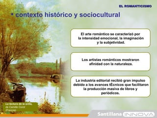 EL ROMANTICISMO


     contexto histórico y sociocultural

                               El arte romántico se caracterizó por
                             la intensidad emocional, la imaginación
                                         y la subjetividad.



                                Los artistas románticos mostraron
                                    afinidad con la naturaleza.



                            La industria editorial recibió gran impulso
                           debido a los avances técnicos que facilitaron
                                 la producción masiva de libros y
                                            periódicos.


La lectura de la orilla,
de Camille Corot
(Francia).
 