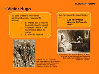 EL ROMANTICISMO

 Víctor Hugo
   Su obra presenta los valores                               Sus novelas más importantes
   característicos del movimiento                             son:
   romántico:                                                      • Los miserables
             • El interés por la historia                          • Nuestra Señora de
             • La insatisfacción social                               París
             • La preponderancia del
                 sentimiento sobre la
                 razón
             • El afán de libertad.




                                                            Ilustración del libro Nuestra Señora de París,
                                                                en el que se puede apreciar a Esmeralda y
                                                                    Djali, su fiel cabrita (Biblioteca Nacional
                            Grabado con una escena de                                     de Madrid, España).
                            Los miserables, en la que aparece
                            Gavroche, personaje heroico que
                            muere durante una revuelta
                            (Biblioteca de Madrid, España).
 