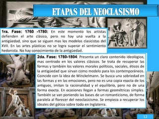 1ra. Fase: 1760 -1780: En este momento los artistas
defienden el arte clásico, pero no hay una vuelta a la
antigüedad, sino que se siguen mas los modelos clasicistas del
XVII. En las artes plásticas no se logra superar el sentimiento
hedonista. No hay conocimiento de la antigüedad.
2da. Fase: 1780-1804: Presenta un claro contenido ideológico,
mas centrado en los valores clásicos. Se trata de recuperar las
formas y también los valores morales políticos, sociales, éticos de
la antigüedad que sirvan como modelo para los contemporáneos.
Coincide con la idea de Winckelmann. Se busca una sobriedad en
las formas y en las emociones, pero no es una copia exacta de los
antiguos, imitan la racionalidad y el equilibrio, pero no de una
forma exacta. En ocasiones llegan a formas geométricas simples.
También se van poniendo las bases de un romanticismo, de forma
paralela al florecer del neoclasicismo. Se empieza a recuperar los
ideales del gótico sobre todo en Inglaterra.
12
 
