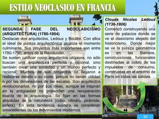 SEGUNDA FASE DEL NEOCLASICISMO
(ARQUITECTURA) (1780-1804)
Destacan dos arquitectos, Ledoux y Boulée. Con ellos
el ideal de pureza arquitectónica alcanza el momento
culminante. Sus proyectos más importantes son entre
1780-1790, antes de la Revolución.
Se suelen calificar como arquitectos utópicos, no sólo
buscan una arquitectura perfecta y racional, sino
también crear una sociedad y un mundo perfecto y
racional. Muchos de sus proyectos no llegaron a
realizarse debido a su coste, porque no tienen utilidad
o por las dimensiones de las escalas. Son arquitectos
revolucionarios, no por sus ideas, aunque se inspiran
en la antigüedad no pretenden una recuperación
exacta de la arqueología. Se fijan en las formas
absolutas de la naturaleza (cubo, cilindro, pirámide,
esfera). En esta tendencia austera se consideran
antecedentes de los movimientos modernos
Cloude Nicolas Ledoux
(1736-1806)
Comenzó construyendo una
serie de palacios donde se
ve el clasicismo alejado del
historicismo. Donde mejor
se ve la pureza geométrica
es en las Barriere,
construcciones funcionales
destinadas al cobro de los
impuestos de consumo,
construidas en el entorno de
París en todas las salidas.
30
 